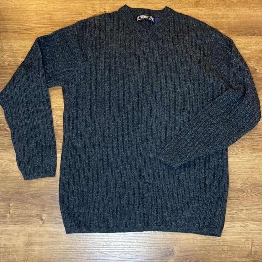 Structure Men’s Small LambsWool Blend Dark Gray Ribbed V Neck Sweater